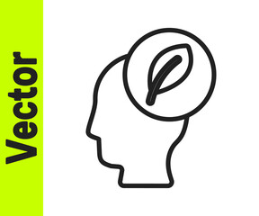 Black line Human head with leaf inside icon isolated on white background. Vector