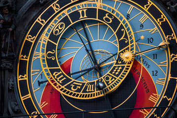 Prague Astronomical Clock or Orloj (Prazsky Orloj) on Tower Clock - famous medieval astrological and world oldest still operating astronomical clock detail from 1410  on Old Town Square, Prague, CZ