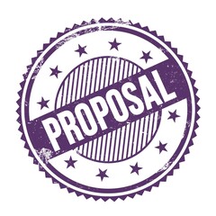 PROPOSAL text written on purple indigo grungy round stamp.