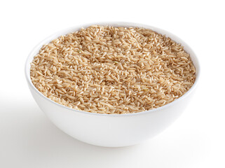 Brown rice in white bowl isolated on white background with clipping path