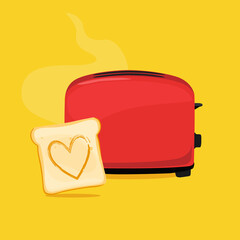 Slices of toast bread with shaped heart and the toaster