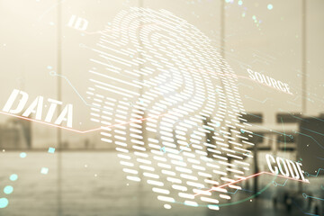 Double exposure of virtual creative fingerprint hologram on a modern meeting room background,...