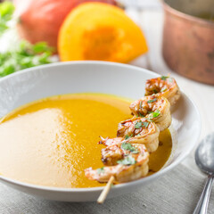 Pumpkin soup with prawns