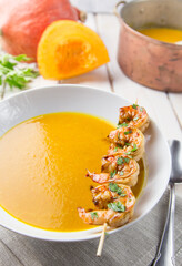 Pumpkin soup with prawns