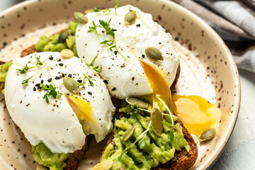 Healthy breakfast whole wheat toasted bread with avocado and poached egg. Breakfast with vegetarian food, healthy diet concept