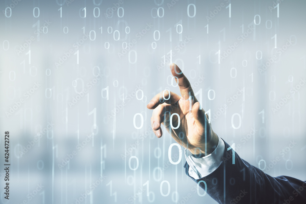 Aufkleber man hand clicks on abstract virtual binary code hologram on blurred office background, ai and machin