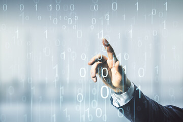 Man hand clicks on abstract virtual binary code hologram on blurred office background, AI and...