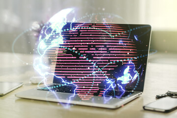 Double exposure of abstract digital world map with connections on computer background, big data and blockchain concept