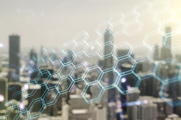 Abstract virtual wireless technology hologram with hexagon on blurry skyscrapers background, artificial intelligence and machine learning concept. Multi exposure