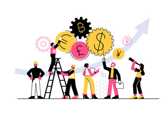 People and Money, Investment management and money growth. Trader, stock exchange, player, bitcoin Investor, business analysis, trade concepts, vector illustration