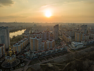 Sunset over Kiev. Aerial drone view.