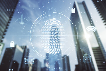 Double exposure of virtual creative fingerprint hologram on modern skyscrapers background, research and development concept