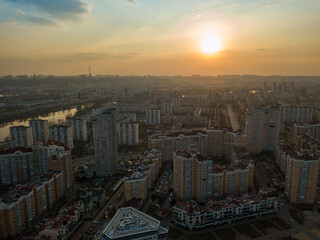 Sunset over Kiev. Aerial drone view.