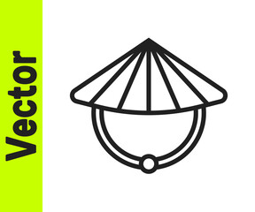 Black line Asian or Chinese conical straw hat icon isolated on white background. Vector