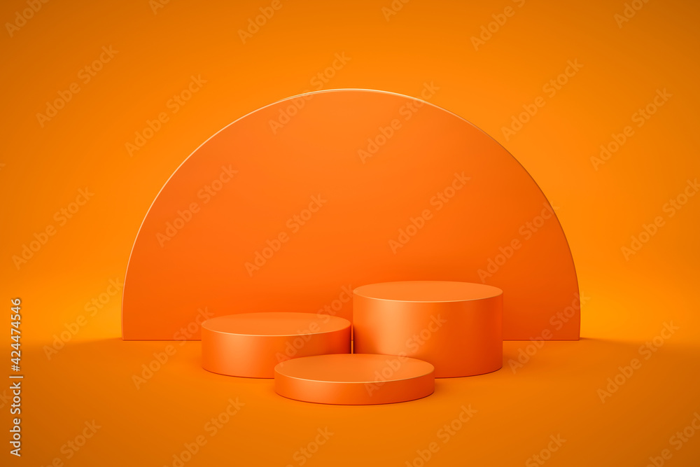 Aufkleber Orange product background stand or podium pedestal on empty display with glowing light backdrops. 3D rendering.