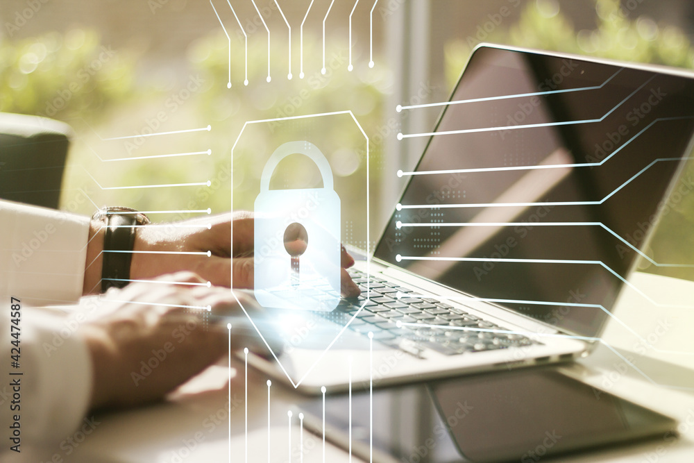 Aufkleber Creative lock illustration with microcircuit and hands typing on computer keyboard on background, cyber security concept. Multiexposure