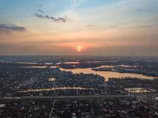 Sunset over the Dnieper River in Kiev. Aerial high view.