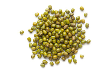 macro Close-up of Organic green Gram (Vigna radiata) or whole green moong dal cleaned on a white background. Top view