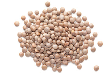 Macro Close up of Organic masoor dal (Lens culinaris) or whole brown dal cleaned on a white background. Top view