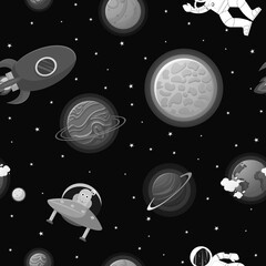 Space pattern with planets and stars. Astronaut