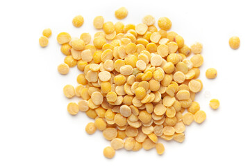 Macro Close-up of Organic arhar dal (Cajanus cajan) cleaned on a white background. Top view