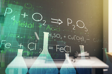 Creative chemistry illustration and modern desktop with pc on background, science and research...