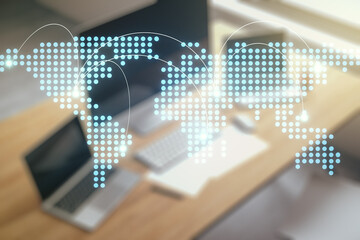 Fototapeta premium Abstract creative world map with connections and modern desktop with computer on background, international trading concept. Multiexposure
