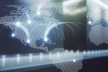 Double exposure of abstract digital world map hologram with connections on modern business center exterior background, research and strategy concept