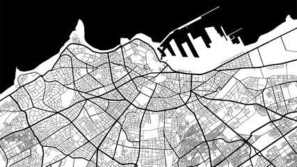 Black and white vector background map, Casablanca city area streets and water cartography illustration.