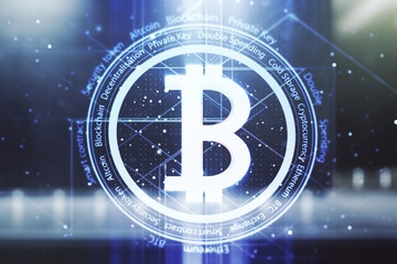 Double exposure of creative Bitcoin symbol hologram on contemporary business center exterior background. Mining and blockchain concept