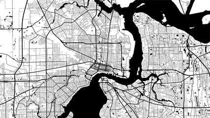 Black and white vector background map, Jacksonville city area streets and water cartography illustration.