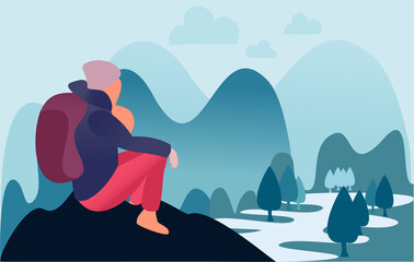 Obraz premium Young woman, tourist, climber, hiker on the edge of a cliff with a backpack. The traveler sits on a rock admiring the landscape with mountains and river.