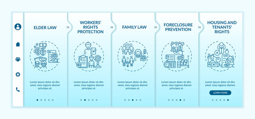 Legal services types onboarding vector template. Responsive mobile website with icons. Web page walkthrough 5 step screens. Workers rights protection color concept with linear illustrations