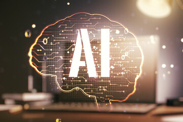 Double exposure of creative artificial Intelligence symbol with modern laptop on background. Neural networks and machine learning concept