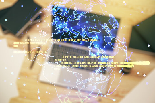 Double exposure of abstract programming language with world map on laptop background, research and development concept