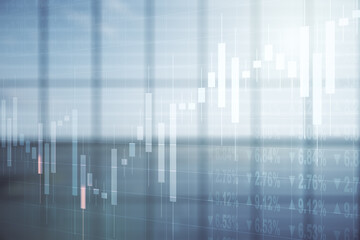 Multi exposure of virtual abstract financial diagram on abstract empty interior background, banking and accounting concept