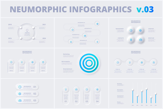 Set with neumorphic infographic design templates. Modern neumorphism vector illustration for presentation slide