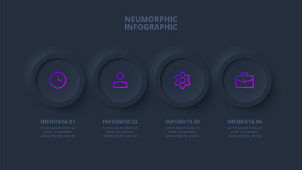 Dark neumorphic rings infographic. Template for diagram, graph, presentation and chart. Skeuomorph concept with 4 options, parts, steps or processes