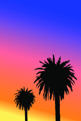 Silhouette of palm trees black color on a sunset background. Gradient sunset sky, summer illustration. Vector EPS 10.