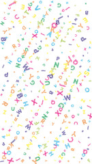 Falling letters of English language. Colorful messy sketch flying words of Latin alphabet. Foreign languages study concept. Fetching back to school banner on white background.