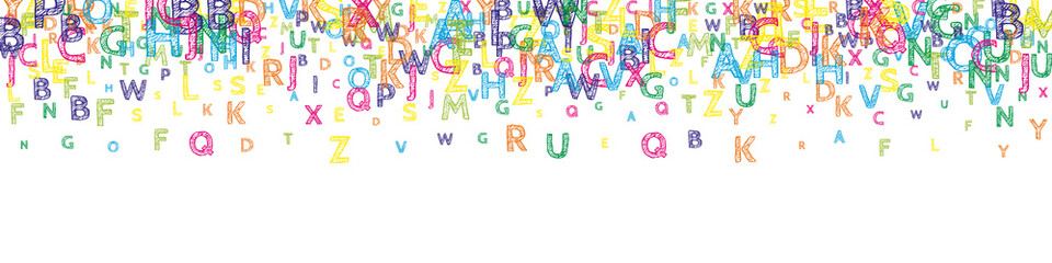 Falling letters of English language. Bright handdrawn flying words of Latin alphabet. Foreign languages study concept. Original back to school banner on white background.