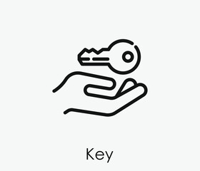 Hand holding key vector icon.  Editable stroke. Linear style sign for use on web design and mobile apps, logo. Symbol illustration. Pixel vector graphics - Vector