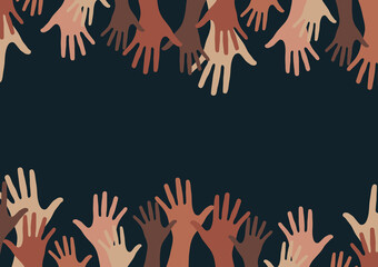 Raised hands, open palms. The concept of charity, volunteering, love, kindness, equality, racial and social issues. Vector illustration