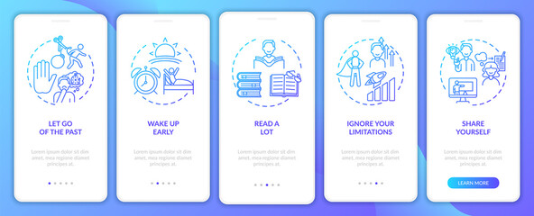 Naklejka premium Self-development tips navy onboarding mobile app page screen with concepts. Improving yourself walkthrough 5 steps graphic instructions. UI, UX, GUI vector template with linear color illustrations