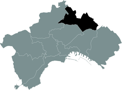 Black location map of the Neapolitan 7th municipality (Miano, San Pietro a Patierno, Secondigliano) inside the Italian city of Naples, Italy