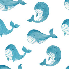 Watercolor cute hand drawn seamless pattern with whales on white background. Watercolor texture in childish style great for fabric and textile, wallpapers, backgrounds. Underwater.