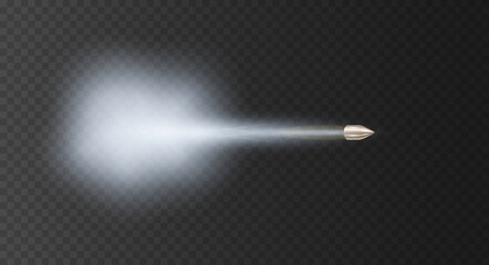 Realistic flying bullet with smoke trace. Steam or gas jet. Vector illustration - obrazy, fototapety, plakaty