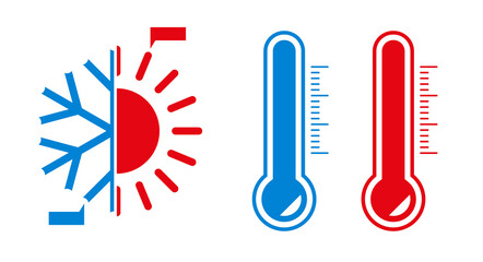 Cold and hot, snowflake and sun, thermometer icons. Vector illustration isolated on white