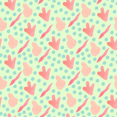 Watercolor seamless pattern with abstract shapes in a delicate hue.Children's print on green isolated background with spots and blotches.Mixed media art.Designs for fabric,wrapping paper,textiles.