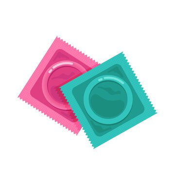 Pink and green condoms in packages on isolated background. Vector illustration